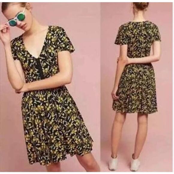 Anthropologie Maeve Black Yellow Floral Summer Breeze Pullover Dress Size SP - Picture 1 of 7